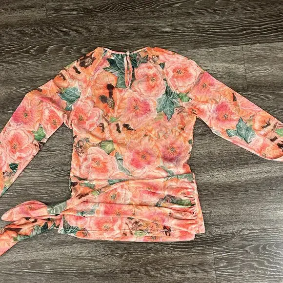 Ala Von Auersperg Mesh Top Taj‎ Floral Print Sheer Long Sleeve Tie Waist Pink M - Picture 11 of 16
